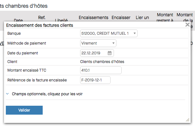 Encaissement facture chambre hôte