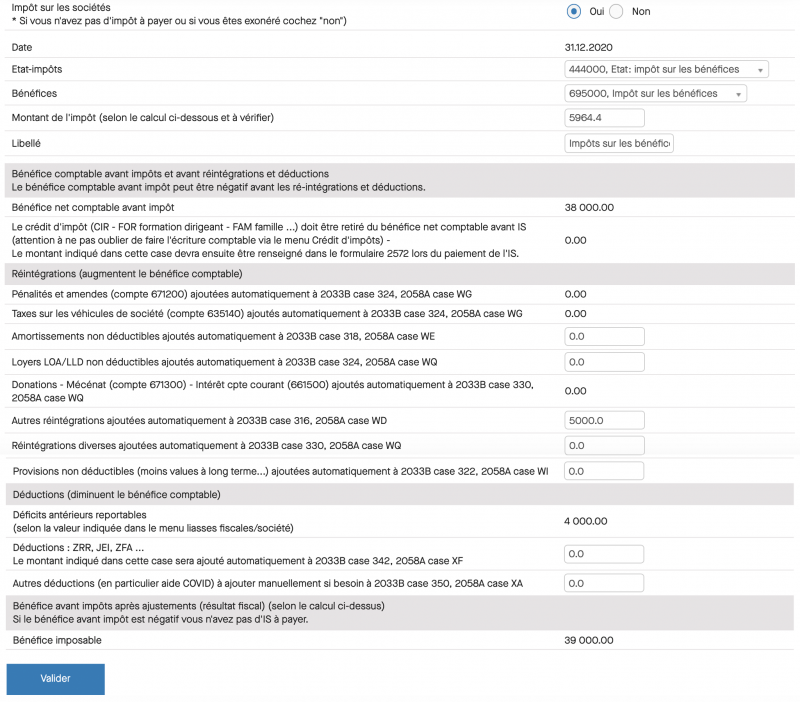 Calcul IS avec réintégrations et déficits antérieurs reportables