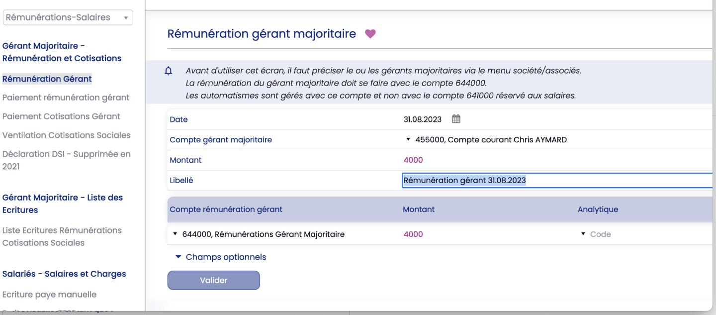 Comptabilisation rémunération du gérant majoritaire